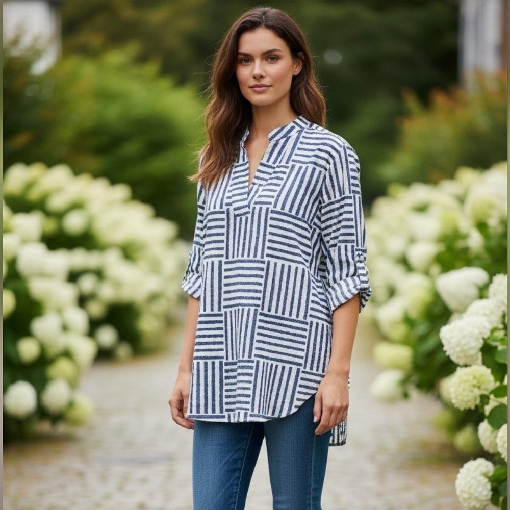 LIOR PARIS Frida Blue & White Striped Banded Collar Tunic Blouse. Size S